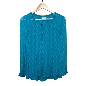 Lucky Brand Sheer Teal Patterned Blouse Metallic Accents Small